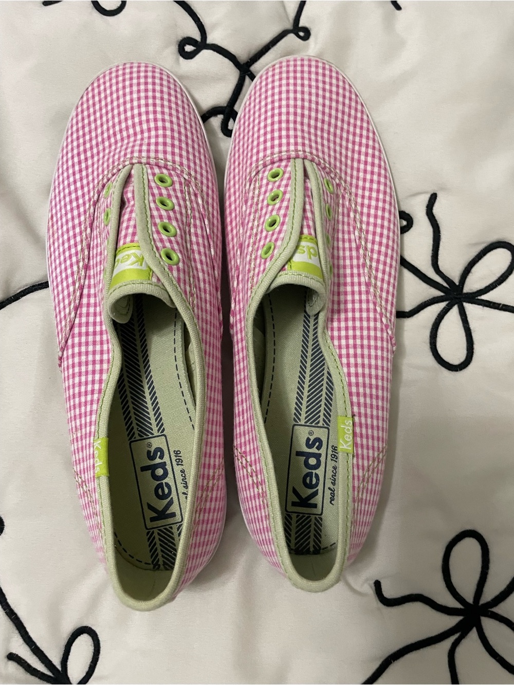 Keds Pink Gingham Slip-On Sneakers with Lime Accents